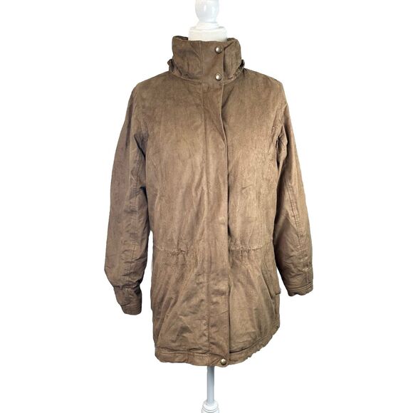 LL Bean Jacket Womens M Brown Leather Coat Lined Long Sleeve‎ Mock Neck Vintage - Picture 1 of 16